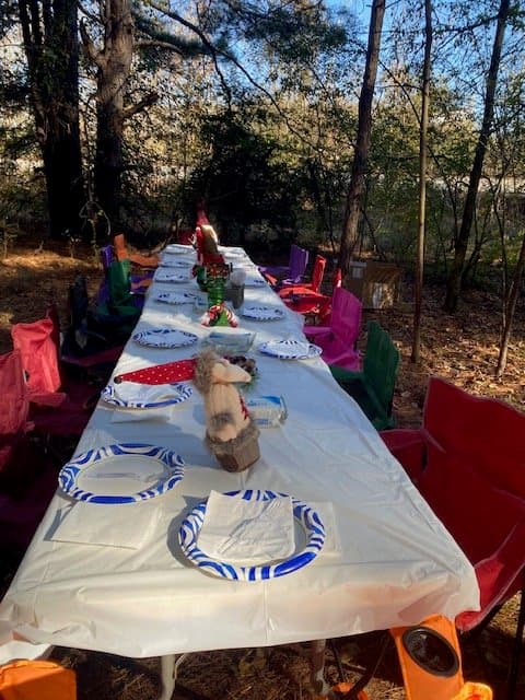 An outdoor table set for a celebration in a forested area, decorated with napkins and a plush toy.