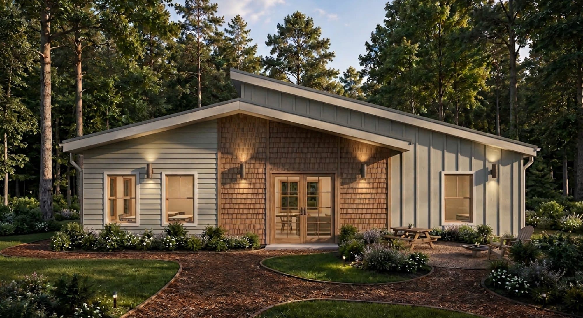 Exterior rendering of a tiny home at dusk with a front porch and picnic table