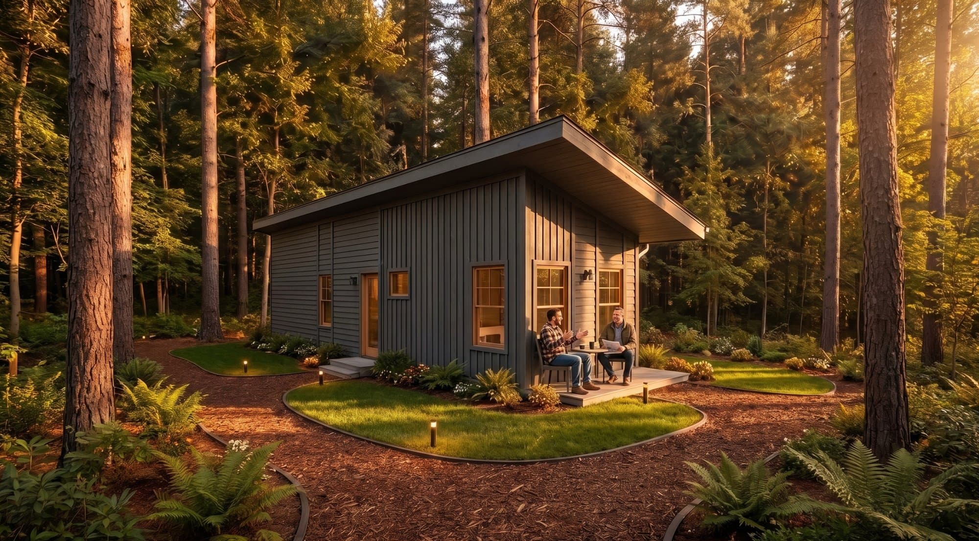 Exterior rendering of a tiny home nestled among trees with residents relaxing on the porch
