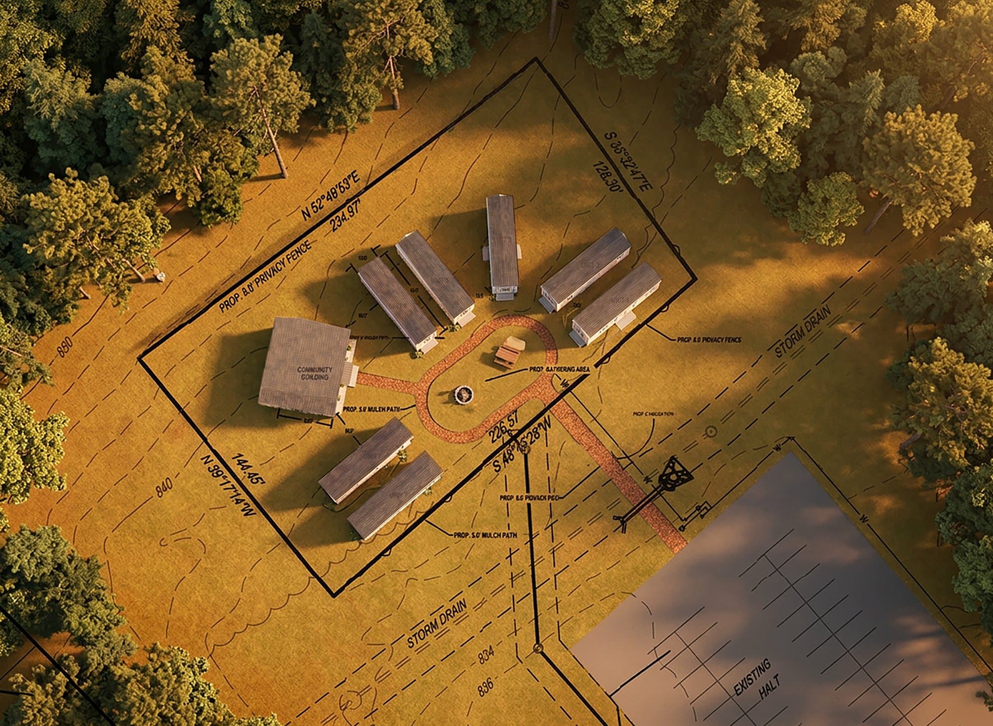 Aerial site plan rendering of the Redemption Village property, showing the layout of tiny homes, community building, and privacy fence